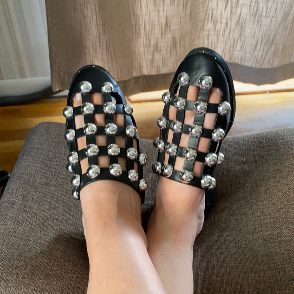 Mulanka 3-D Studded Slip on Mules Black Silver 37